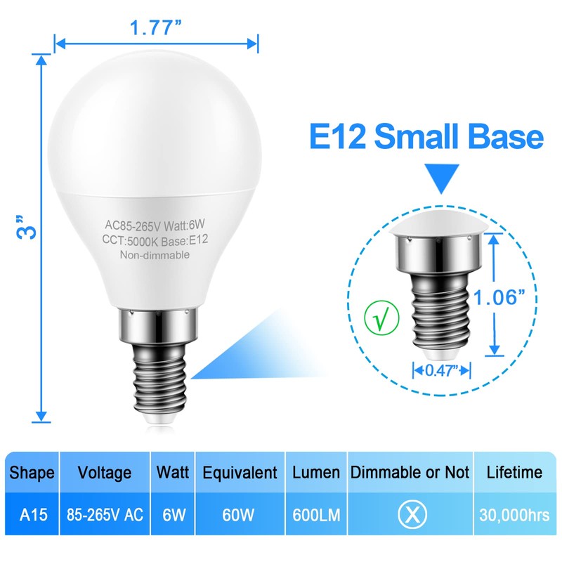 8 Pack E12 Ceiling Fan Light Bulbs, 60W Equivalent, Daylight