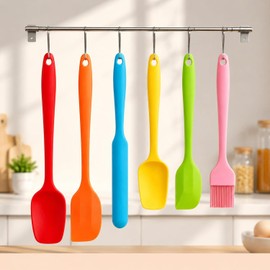 Juego de 6 Espátulas de Silicona para Cocina, Espátula de Goma Antiadherente para Hornear y Mezclar, Multicolor, Utensilios de Silicona Apto para Alimentos, Set Completo de Repostería