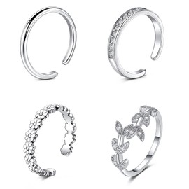 JFORYOU 4Pcs Toe Rings for Women Silver Adjustable Classic Circle Type Cubic Zirconia Band Flower Open Toe Ring Beach Foot Jewelry