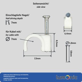 Lumonic 100 x Nail Clips 7 mm for Cable White – Cable Clamp with 18 mm Nail e.g. for Attaching to the Wall – Cable Clamps Various Sizes 4-14 mm