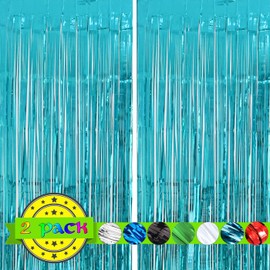 2PC Teal Blue Party Decorations, Light Blue Streamers Birthday Decorations, Tinsel Foil Fringe Backdrop Curtains,Teal Photo Booth Backdrop for Birthday,Graduation,New Year Eve,Ocean Themed Party Decor