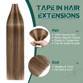 Benehair Remy Tape in Hair Extensions Human Hair Medium Brown&Dark Blonde Seamless Skin Weft Tape in Real Human Hair Extensions Straight Hair 18 Inch 50g #4P27 20 pcs