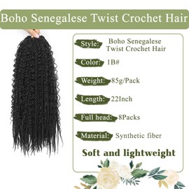 Boho Senegalese Twist Crochet Hair 8 Packs Pre Looped Goddess Island Passion Twist Crochet Braids Hair Extensions for Black Women (1B, 22inch)