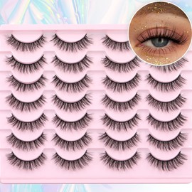 False Lashes Natural Look Wispy Mink Eyelashes Short Cat Eye Lashes Extension 12mm 14 Pairs Natural Manga Strip Fake Eyelashes Pack by TNFVLONEINS