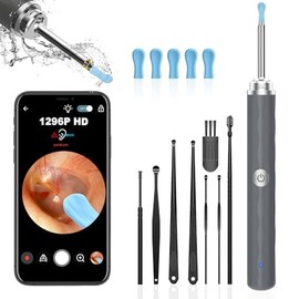 Right Ear Wax Removal Tool Camera, (1296P) Ear Cleaner with Light and Camera Ear Wax Cleaner with 8pcs Ear Set, Earwax Removal Kit Compatible with iPhones, iPad, Android PhonesGrey