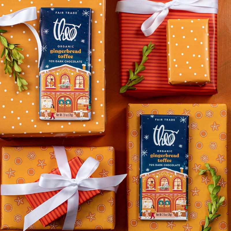 Theo Chocolate Holiday Gingerbread Toffee Organic Dark Chocolate Bar, 55%