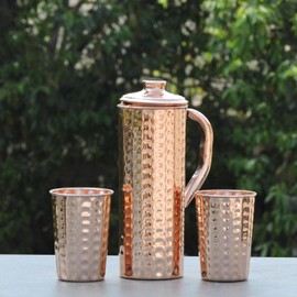 Pure Copper Hammered Jug 1 Litre Capacity with 2 Cups for Ayurveda Health Benefits (100ml)