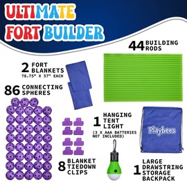 Playbees Fort Building Kit with Rods and Connectors- 145 Pieces - Ages 4-8, 8-12 STEM Building Toy, Construction Set for Kids, Indoor Outdoor Play Tent, DIY Castle, Birthday Gift