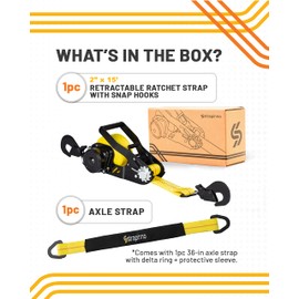 Strapinno Retractable Ratchet Tie-Down Strap, 2in x 15ft Heavy-Duty with Snap Hooks,10,000lbs Breaking Strength & 3,333lbs Working Load Limit, Comes with a 36-Inch Axle Strap (Direct Hook 1PC)