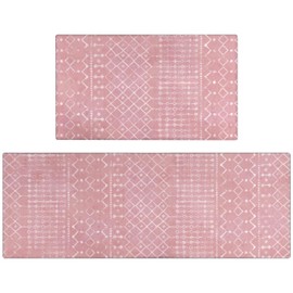 Xsinufn Boho Kitchen Mat Set of 2,Modern Farmhouse Kitchen Rugs and Mats Non Skid Washable,Moroccan Boho Runner Rugs with Rubber Backing for Kitchen Decor and Accessories (Pink 17"x47"+17"x30")