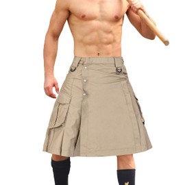 AKARMY Men's Kilt for Men, Camo Scottish Outdoor Utility Pleated Tactical Kilt,Irish Highland Hybrid Kilts Kahki 42