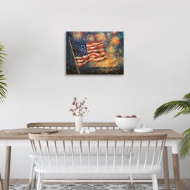 American Flag Canvas Wall Art Old Vintage American Flag Painting Patriotic Rustic Pictures Framed for Kitchen Bathroom Bedroom Office Retro Farmhouse Fireworks Americana Modern Wall Decor 12"x16"