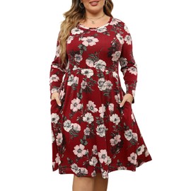 Nemidor Women's Round Neck Long Sleeve Casual Plus Size Fit and Flare Midi Dress with Pocket (22,Wine Print)