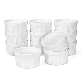 Foraineam Set of 12 Pcs 6 oz Porcelain Souffle Dishes, White Ramekins Bakeware Set Dessert Custard Baking Cups for Baking, Cooking, Serving and More