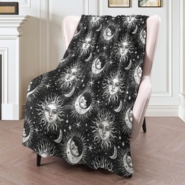 ICAAV Celestial Sun and Moon Flannel Blanket 50x60in, Mystical Black and White with Stars, Moons and Vintage Faces, Soft Lightweight Throw for Astrology Lovers, Gothic Boho Decor Gifts Blankets
