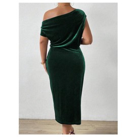 Floerns Women's Plus Size Velvet Dress Asymmetrical Neck Wrap Ruched Cocktail Bodycon Midi Dresses Dark Green XX-Large Plus