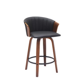 Armen Living Diana 26" Seat Height Mid Century Modern Swivel Walnut Wood Bar Stool for Kitchen Island Counter in Black Faux Leather