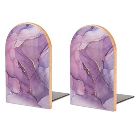 2 PCS Purple Marble Wooden Bookends for Shelves Beautiful Book Ends for Heavy Books Small Modern Decorative Non-Skid Book Stopper for Home Library Office and School 5x3.9x3.1 Inch