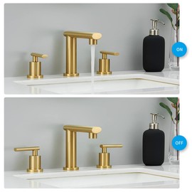 Brushed Gold 3-Hole Low-Arch 8 Inch Widespread Bathroom Faucet, Vanity Sink Faucet with Metal Pop Up Drain Assembly and Water Supply Lines for Lavatory