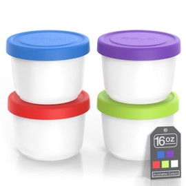 BALCI - 16oz Ice Cream Containers with Silicone Lids (Set of 4) - 1 Pint Each Freezer Food Storage Containers, Reusable, LeakProof, For Homemade IceCream Containers - Blue, Red, Green, Purple