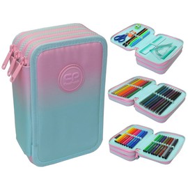 CoolPack XXL Pencil Case 3-Compartment School Pencil Case Triple Pencil Case for One Girl Ombre Pink Gradient Pencil Case 44-Piece Filled Student Case 3-Tier Pastel Colourful, Pencil Case