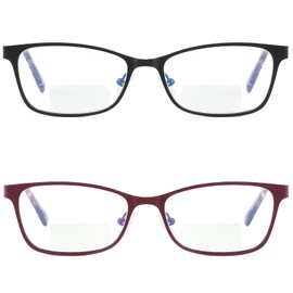 Bifocal Reading Glasses Women Blue Light Blocking With Clear Top Computer Reader No Line Wide Metal Frame Designer Ladies Eyeglasses Black Red +1.00 strength