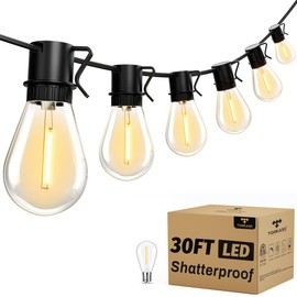 Torkase Outdoor String Lights LED, 30FT S14 Shatterproof Bulbs (10+1), Waterproof Dimmable Patio Lights for Backyard, Porch Bistro, 2200K Warm White - Connectable