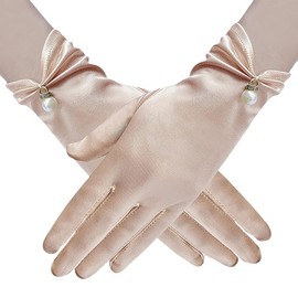 FSSTUD Short Pearl Gloves Wrist Length Gloves Bridal Wedding Gloves Satin Dance Gloves Elegant Opera Gloves Dress Gloves for Women Champagne