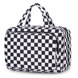 Narwey Large Checkered Hanging Travel Toiletry Bag for Women Wash Bag Cosmetics Makeup Bag Organizer for Full Size Accessories (Checkerboard Black (Large))