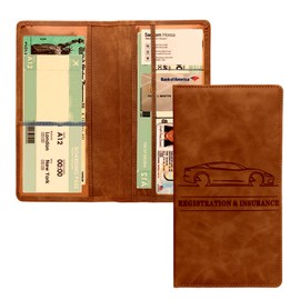 Lecctso Car Registration and Insurance Holder, Premium Leather Vehicle Glove Box Car Organizer, Universal Car Essential Accessories for Card, Document, License Storage (Brown)