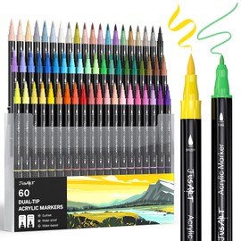 JusArt 60 Colors Dual Tip Acrylic Paint Pens Markers, Brush and Fine Tip, Premium Paint Pens for Wood, Canvas, Egg, Stone, Fabric, Rocks, Metal, Glass, Ceramic, DIY Crafts Making Art Supplies Gifts