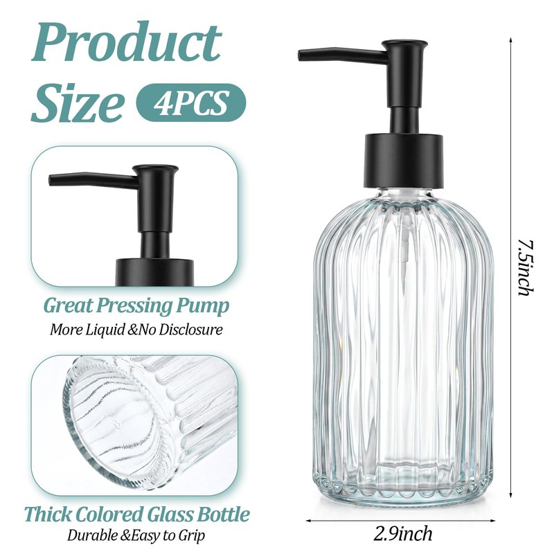 4 Pack Glass Soap Dispenser 14 oz, Refillable Clear Pump
