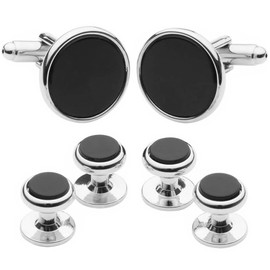 Silver Onyx Cuff Stud Button Set n02798, Brass, Onyx