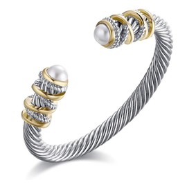 Hiiooweiyi Stainless Steel Twisted Cable Wire Bracelet, Twisted Cable Bracelet with Composite Shell Pearl 6" Antique Cuff Bracelets, Adjustable Open Cuff Bangle Bracelet for Women