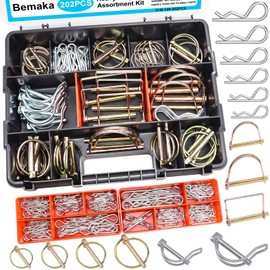 Bemaka 202Pcs Hitch Pins Clip Pins Assortment Kit, Heavy Duty Hitch Pins R Clip, Linch Pins, PTO Pins Trailer Truck Towing Tractor Accessories Three-Point Accessories for Lawn Garden Farm Equipment