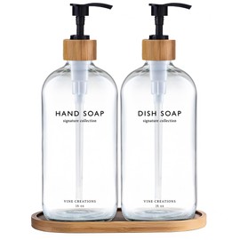 Vine Creations Clear Glass Soap Dispenser Set, Hand Soap and Dish Soap Dispenser Set with Bamboo Tray, 16 oz Glass Dispensers Bottle for Kitchen and Bathroom Decor Modern Boho with Bamboo Pump (Clear)