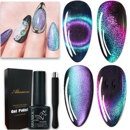 AHAMIOU 9D Cat Eye Gel Nail Polish Magnetic Nail Polish Holographic Cats Eyes Gel Nail Polish Gel with Chameleon Magic Effect with Magnet Stick (Purple&Green)