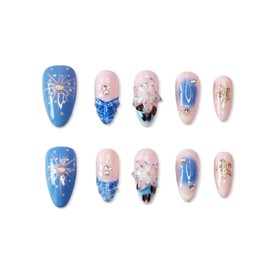 Handmade Press on Nails Medium Almond Fake Nails Summer 3D False Nails Luxury Cute Flower Full Cover Stick on Nails Glue on Nails Floral Nails Acrylic Nails for Women Girls (Blue Summer M)