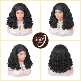 Ninroc Yaki Curly Headband Wigs for Black Women, Synthetic Headband Wig with Curly Ends, Glueless Wear and Go Half Wig, Natural Texture Kinky Straight Wig for Daily Use（16in,Black）