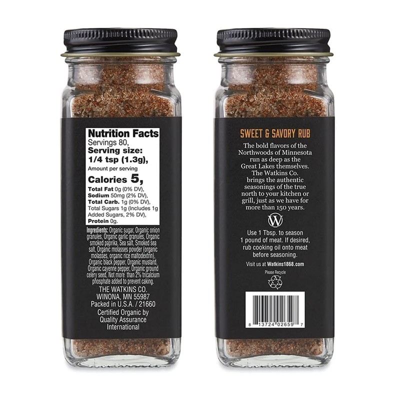 Watkins Organic Grilling Sweet and Savory Rub, Non-GMO, Kosher, 3.6