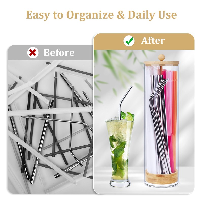JYPS 13-Inch Acrylic Straw Dispenser with Bamboo Lid with 100