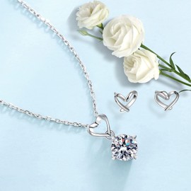 Collar y Aretes Plata de Mujer con Dije Corazón, Joyeria Plateada Elegante