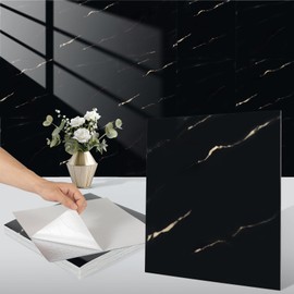 Zoeteoz 15 Pcs Peel and Stick Tile Backsplash for Kitchen, 11.8"X11.8", Faux Marble Tile Wall Panel for Fireplace Bedroom (Black)