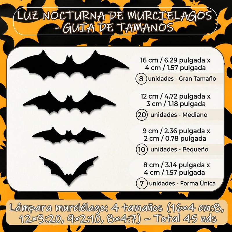 45pc Murciélagos decoración de halloween,murcielago de decoracion,murcielagode halloween,4 Tamaño,3D,Luminoso,PVC Impermeable,Murciélagos
