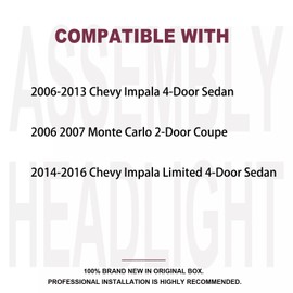 2PCS Headlight Assembly For 2006-2013 Chevy Impala LS LT LTZ For 2014-2016 Chevy Impala Limited For 2006 2007 Chevy Monte Carlo LS LT SS Coupe Replacement Headlamps Chrome Housing Amber Reflector