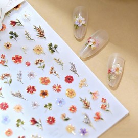 Flower Nail Stickers 5D Embossed Cute Little Daisy Art Stickers Self Adhesive Star-Shaped Flowers Nail Decals Dried Floral Nail Design Small Floral Designs Orange Nail Art Supplies for Women 1 Sheet