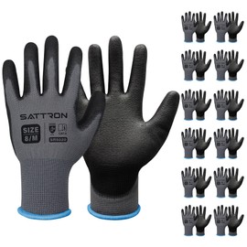 Safety Work Gloves PU Coated, 12 Pairs Seamless Knit Gloves with Polyurethane Coating Working Gloves Excellent Grip for Men & Women, Breathable, Ideal for General Duty Work DIY ((Grey, Medium)