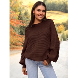 PRETTYGARDEN Womens Sweaters Fall 2025 Lantern Long Sleeve Oversized Sweater Casual Crewneck Chunky Knit Ribbed Pullover Tops(Coffee,X-Large)