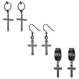 Aroncent 3 Pairs of Cross Earrings Hoop Earrings Stainless Steel Black Silver Gold, Stainless Steel