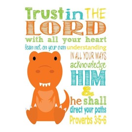 Dinosaur Christian Nursery Decor Set of 4 Prints - Tyrannosaurus Rex, Plesiosaur, Woolly Mammoth, and Pterodactyl with Bible Verses